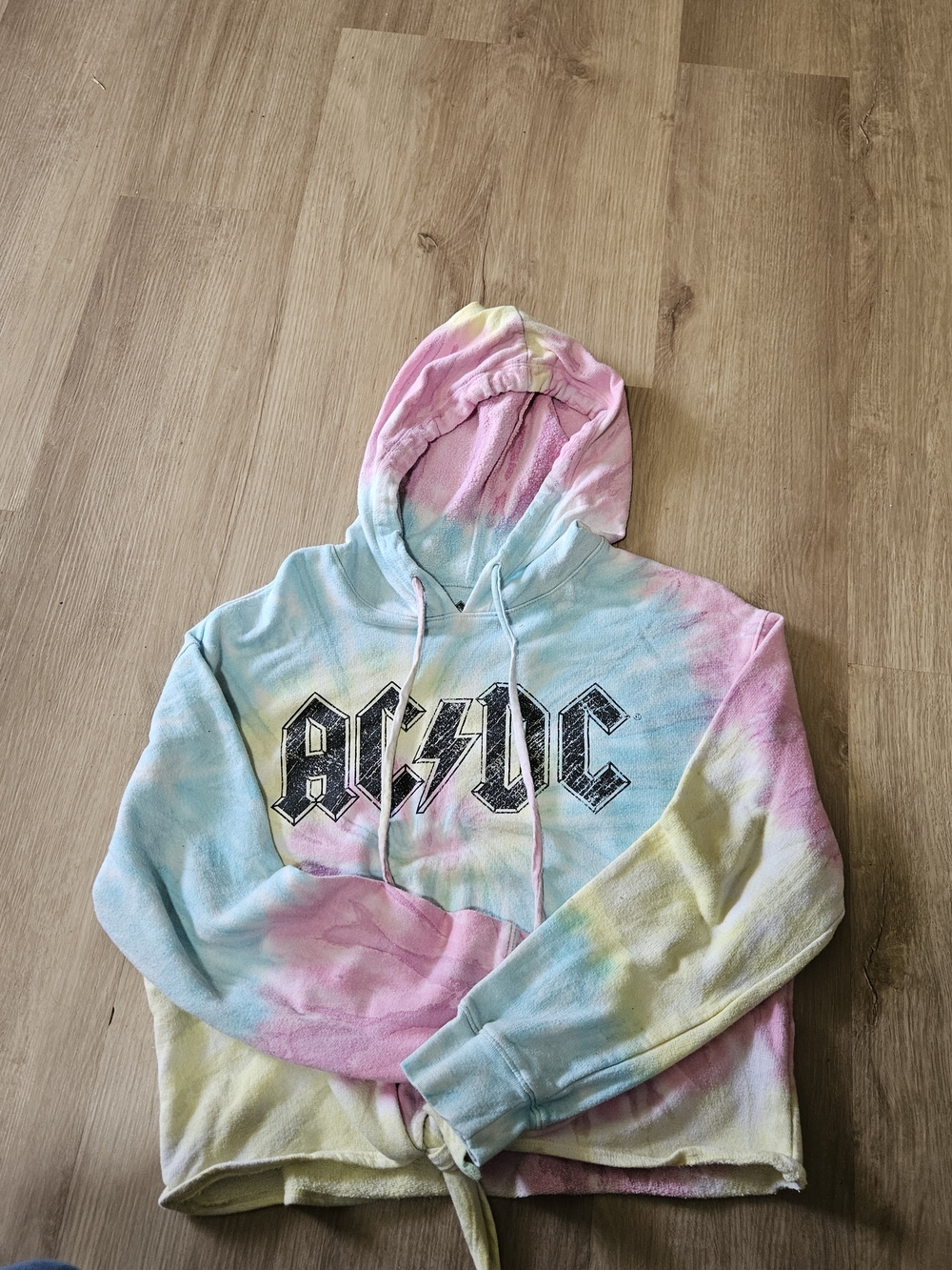 AC/DC Tie Dye Cropped Hoodie Size M Pastel Graphic Front Tie Sweatshirt